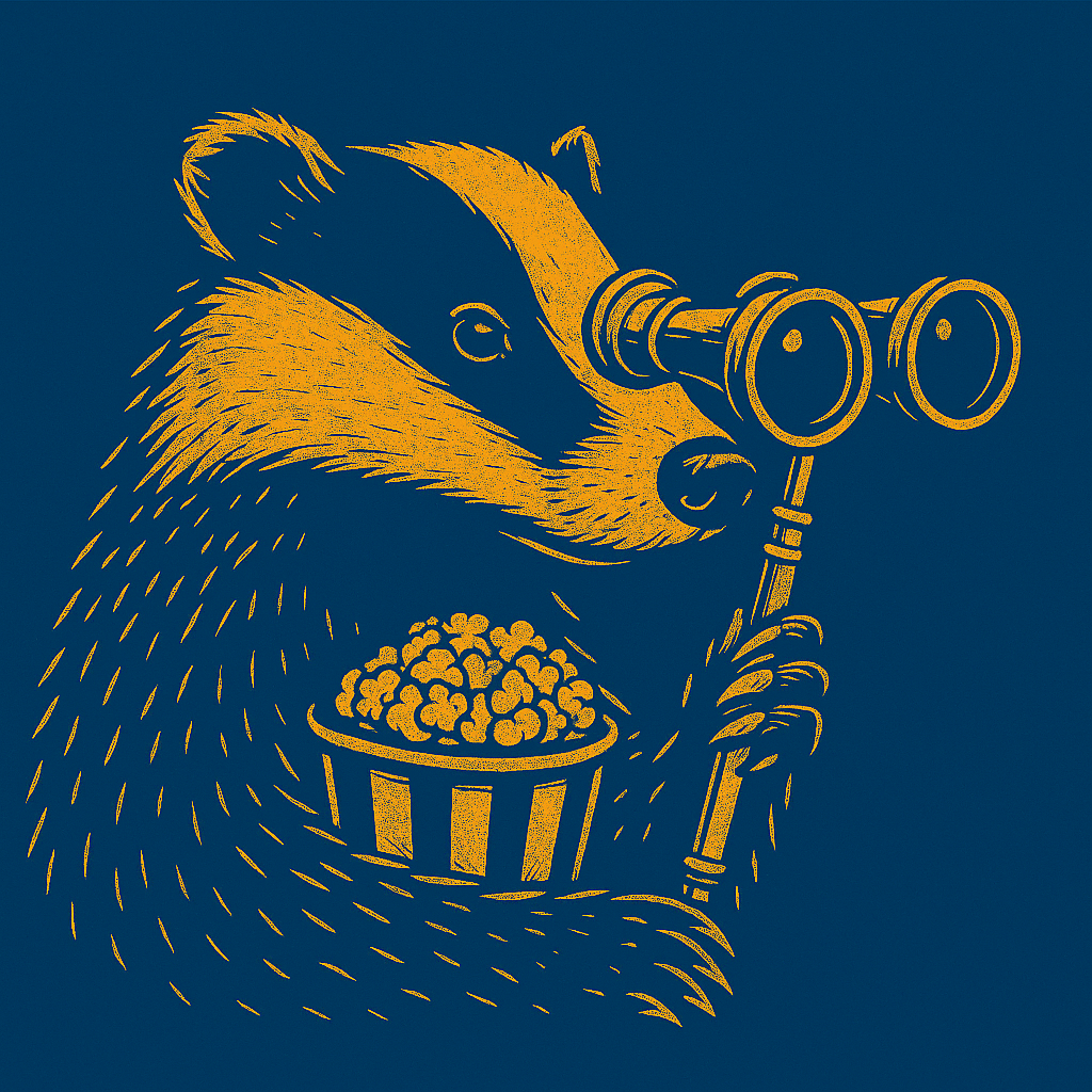 Badger with Binoculars and Popcorn. Follow the Badger!